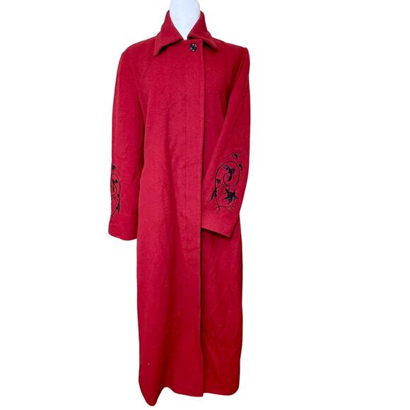 Vintage Harvé Benard Red Wool Trench Coat Embroidered Heritage Old Money Large - Picture 2 of 13